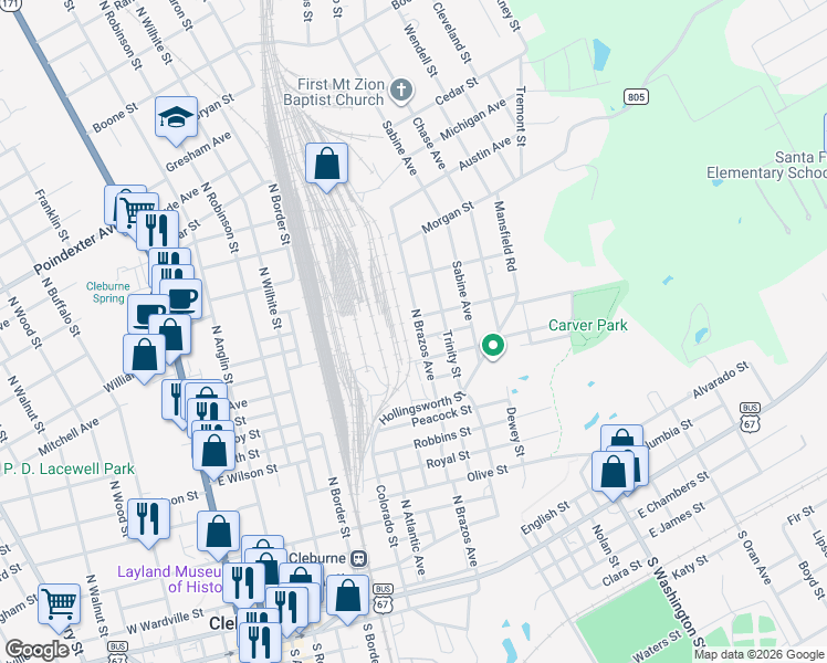 map of restaurants, bars, coffee shops, grocery stores, and more near 107 Park Street in Cleburne