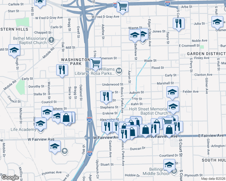 map of restaurants, bars, coffee shops, grocery stores, and more near 636 Woodrow Street in Montgomery