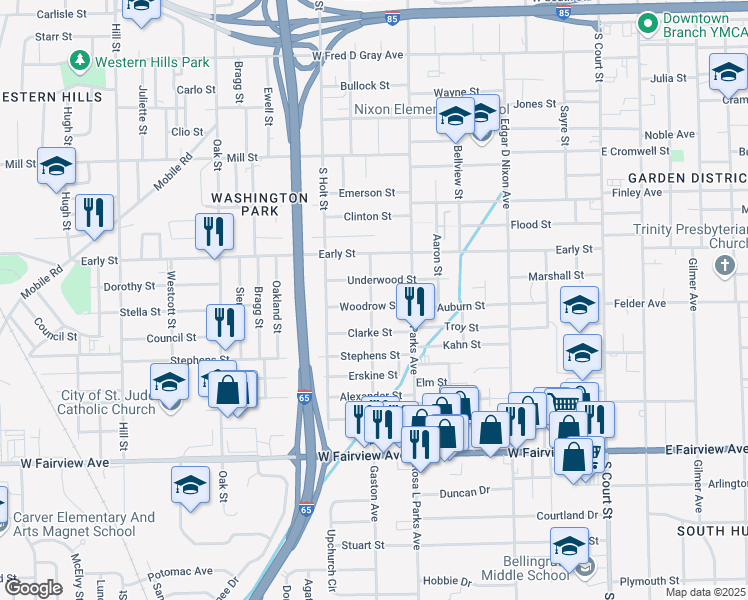 map of restaurants, bars, coffee shops, grocery stores, and more near 646 Woodrow Street in Montgomery