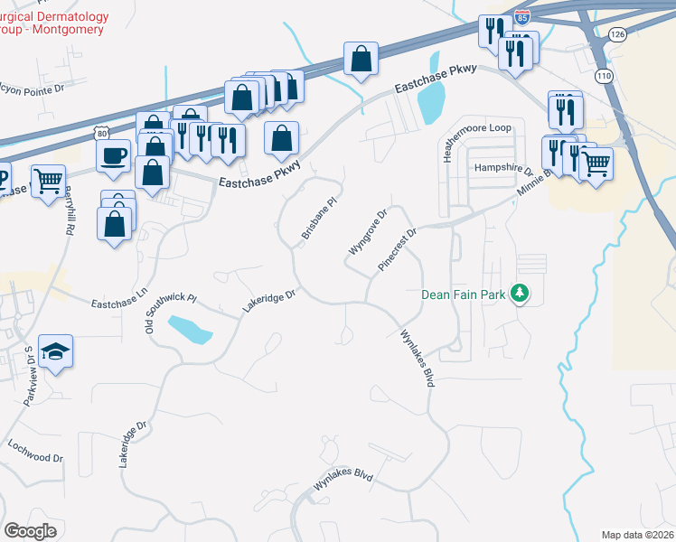 map of restaurants, bars, coffee shops, grocery stores, and more near 7160 Wyngrove Drive in Montgomery