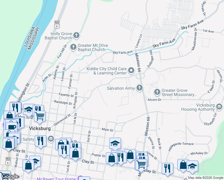map of restaurants, bars, coffee shops, grocery stores, and more near 1746 Martin Luther King Junior Boulevard in Vicksburg