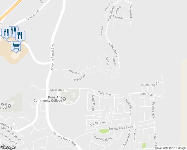 map of restaurants, bars, coffee shops, grocery stores, and more near 4188 Franzia Road in Las Cruces