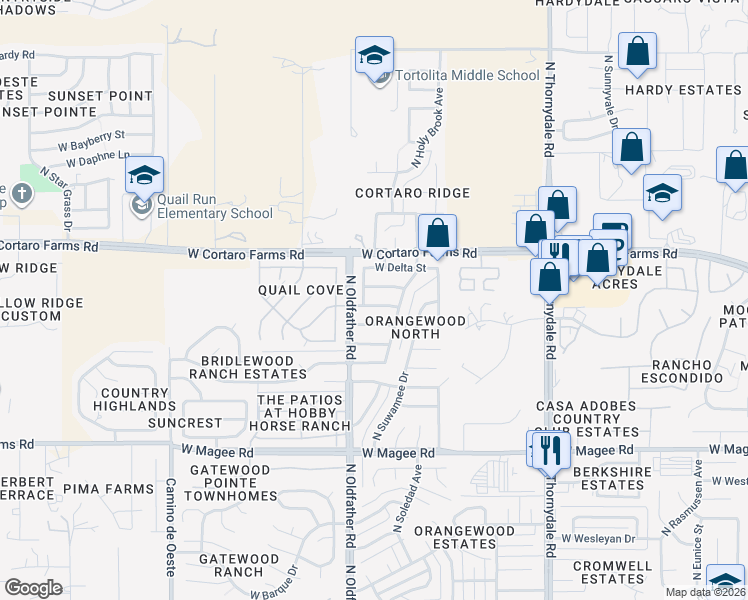 map of restaurants, bars, coffee shops, grocery stores, and more near 4148 West Sugarcane Street in Tucson