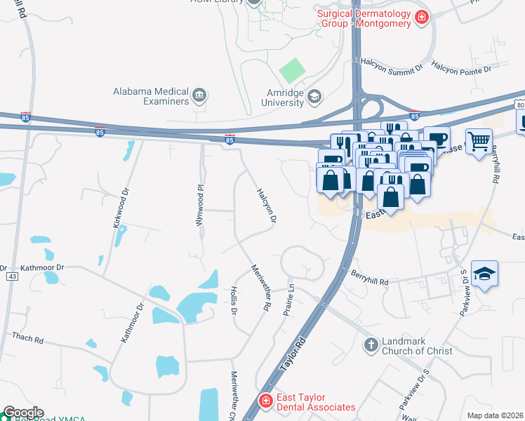 map of restaurants, bars, coffee shops, grocery stores, and more near 6465 Halcyon Dr in Montgomery