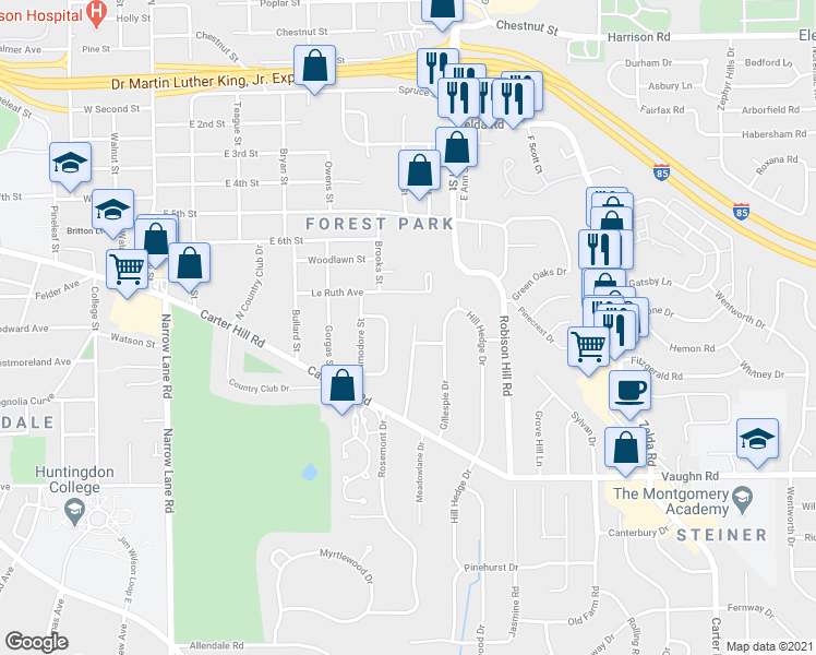 map of restaurants, bars, coffee shops, grocery stores, and more near 2480 Le Ruth Avenue in Montgomery