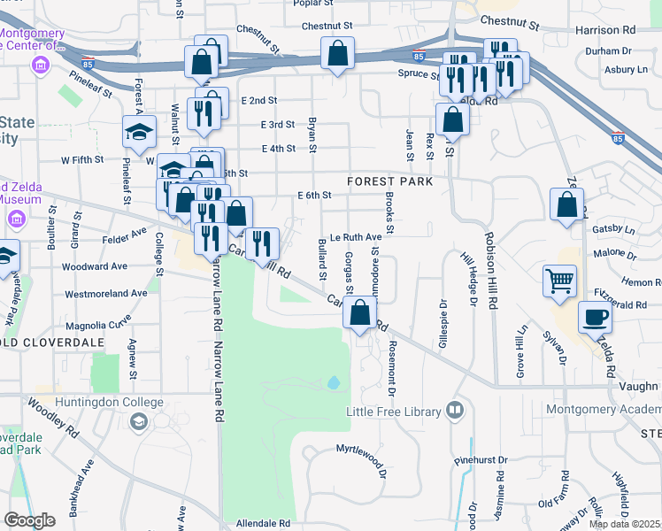 map of restaurants, bars, coffee shops, grocery stores, and more near 2011 Bullard Street in Montgomery