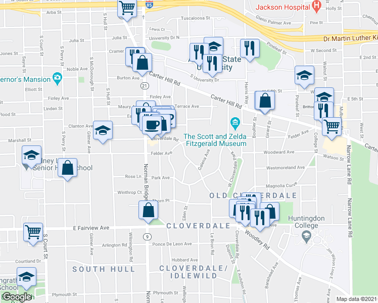 map of restaurants, bars, coffee shops, grocery stores, and more near in Montgomery