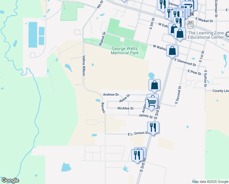 map of restaurants, bars, coffee shops, grocery stores, and more near 410 Andrew Drive in Mabank