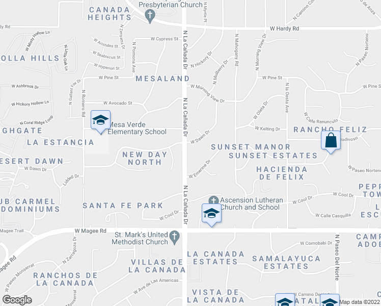 map of restaurants, bars, coffee shops, grocery stores, and more near 8300 North La Cañada Drive in Tucson
