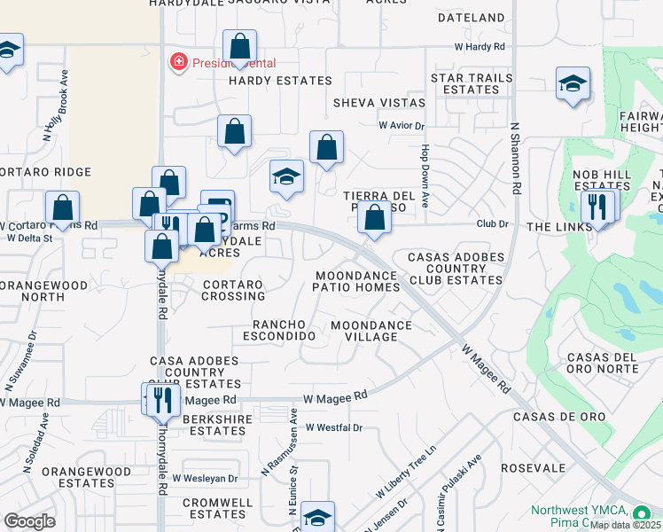 map of restaurants, bars, coffee shops, grocery stores, and more near 8305 North Midnight Way in Tucson