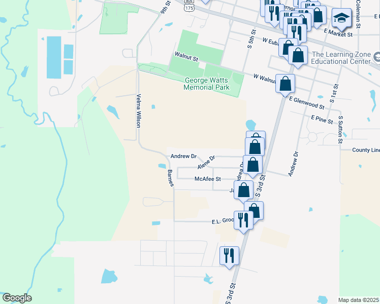 map of restaurants, bars, coffee shops, grocery stores, and more near 410 Andrew Drive in Mabank