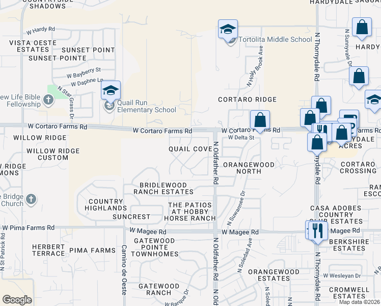 map of restaurants, bars, coffee shops, grocery stores, and more near 8333 North Pink Pearl Way in Tucson