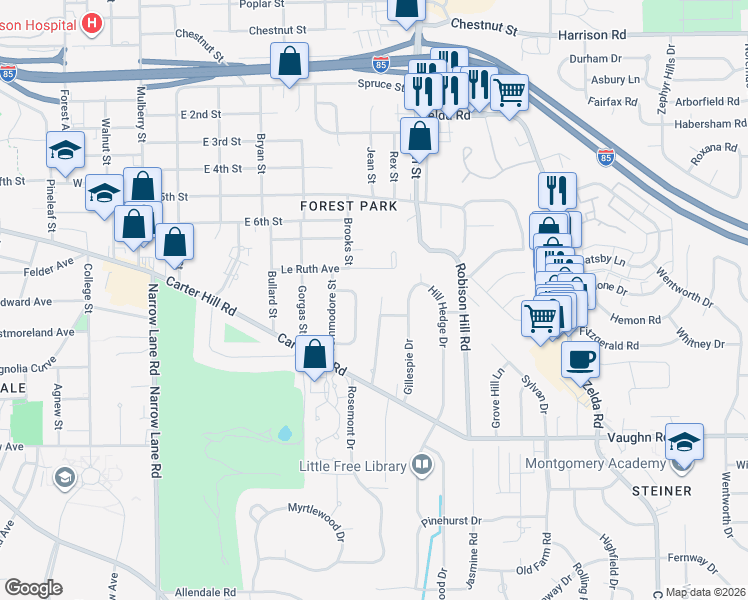 map of restaurants, bars, coffee shops, grocery stores, and more near 1712 Longmeadow Drive in Montgomery