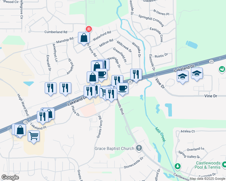 map of restaurants, bars, coffee shops, grocery stores, and more near 2 Castlewoods Boulevard in Brandon