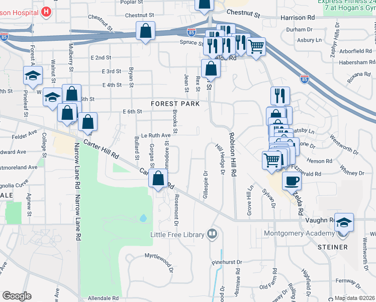 map of restaurants, bars, coffee shops, grocery stores, and more near 2480 Le Ruth Avenue in Montgomery