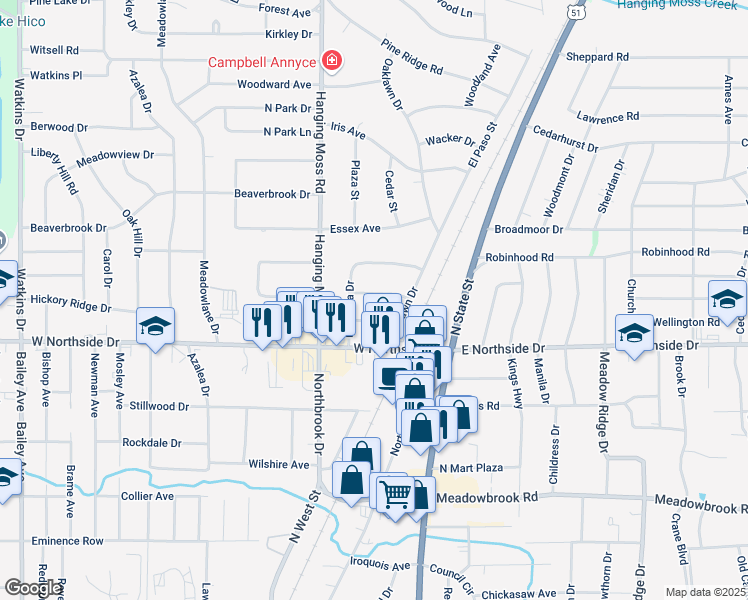 map of restaurants, bars, coffee shops, grocery stores, and more near 145 Del Rio Street in Jackson