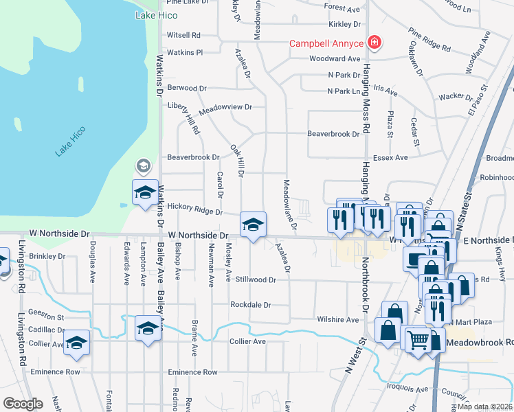 map of restaurants, bars, coffee shops, grocery stores, and more near 3942 Azalea Drive in Jackson