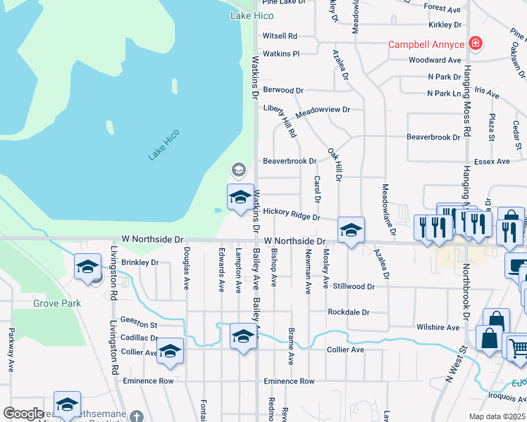 map of restaurants, bars, coffee shops, grocery stores, and more near 854 Hickory Ridge Drive in Jackson