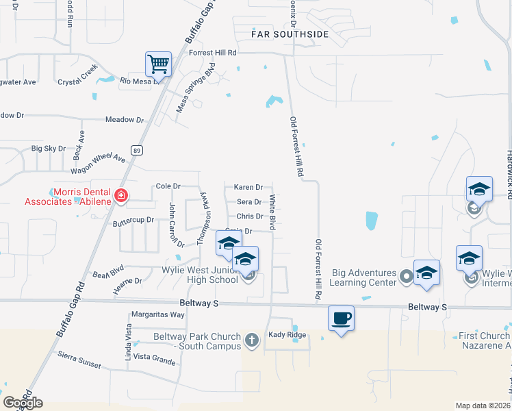 map of restaurants, bars, coffee shops, grocery stores, and more near 4001 Karen Drive in Abilene