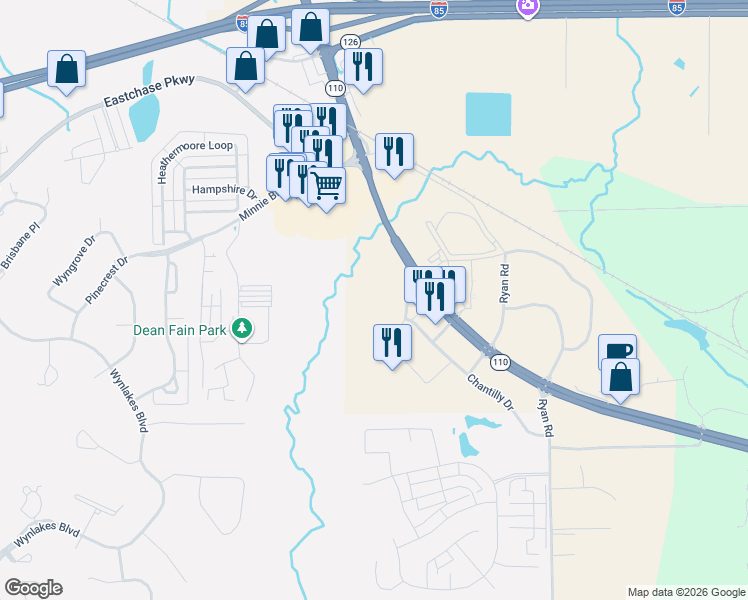 map of restaurants, bars, coffee shops, grocery stores, and more near 10510 Chantilly Parkway in Montgomery