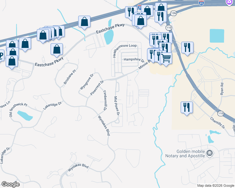 map of restaurants, bars, coffee shops, grocery stores, and more near 7042 Mid Pines Drive in Montgomery