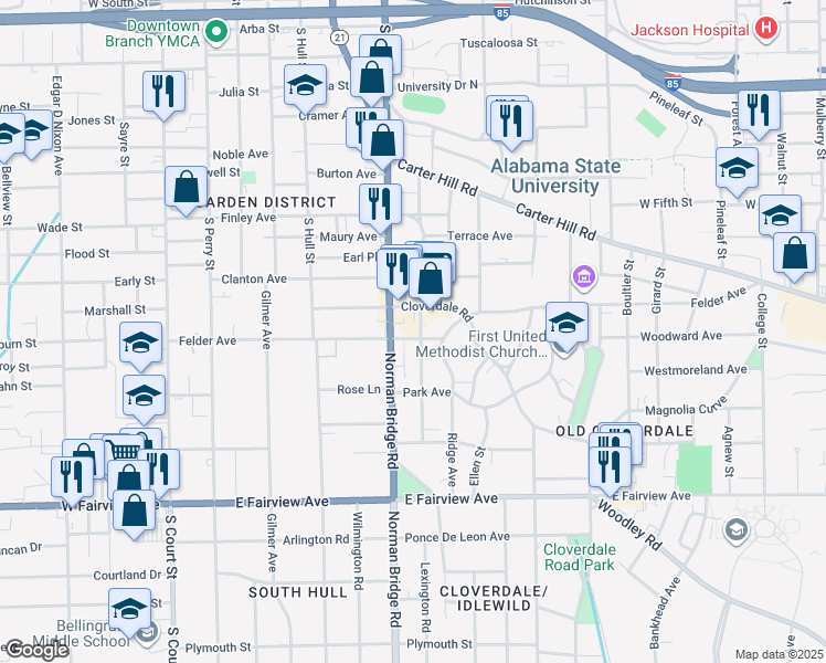 map of restaurants, bars, coffee shops, grocery stores, and more near 402 Cloverdale Road in Montgomery