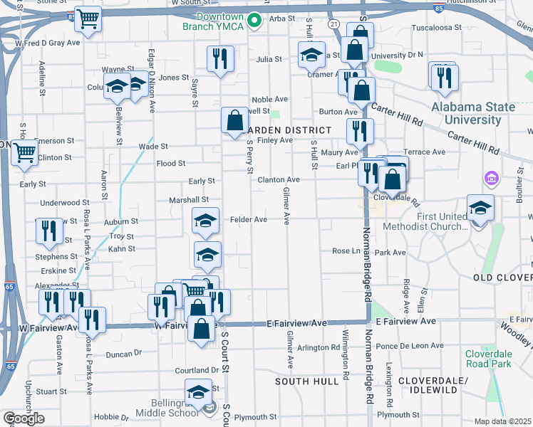 map of restaurants, bars, coffee shops, grocery stores, and more near 1446 Gilmer Avenue in Montgomery