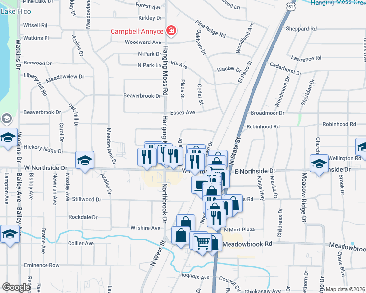map of restaurants, bars, coffee shops, grocery stores, and more near 4012 Del Rosa Drive in Jackson