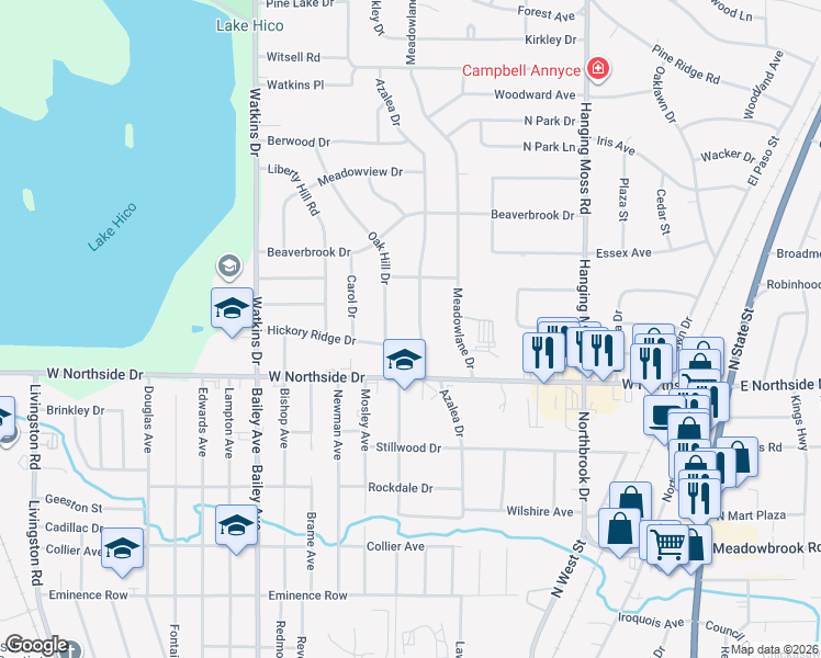 map of restaurants, bars, coffee shops, grocery stores, and more near 3942 Azalea Drive in Jackson