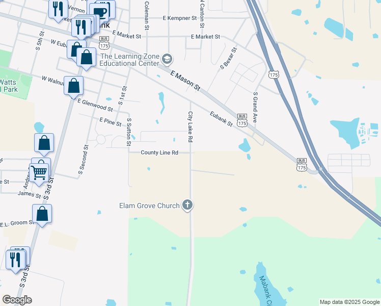 map of restaurants, bars, coffee shops, grocery stores, and more near City Lake Road in Mabank