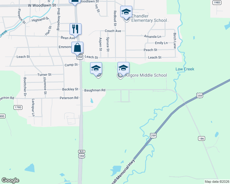map of restaurants, bars, coffee shops, grocery stores, and more near 342 Baughman Road in Kilgore