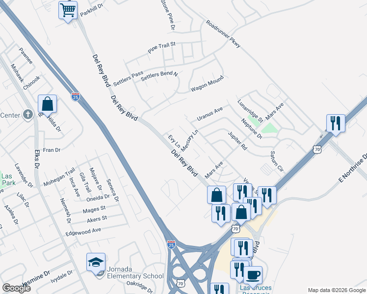 map of restaurants, bars, coffee shops, grocery stores, and more near 3535 Northpointe Drive in Las Cruces