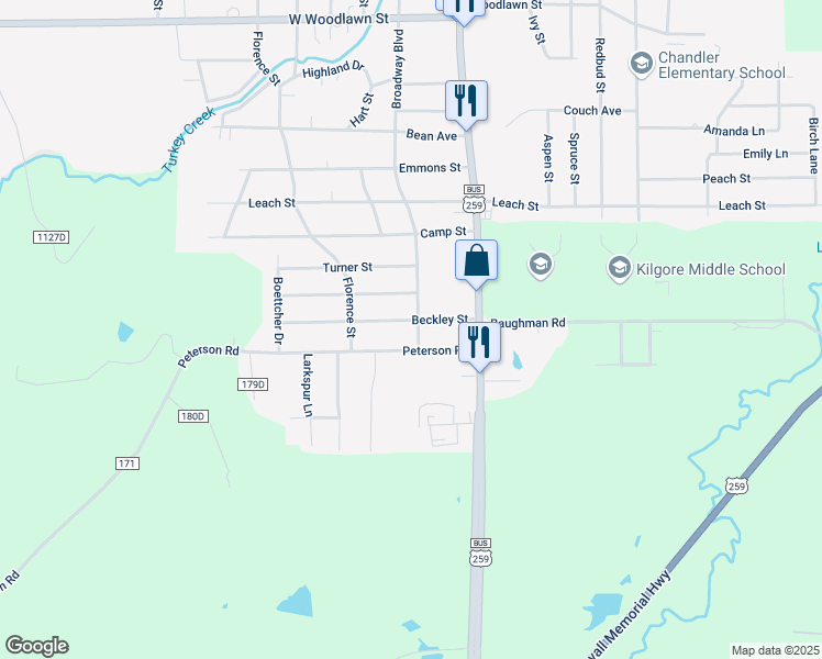 map of restaurants, bars, coffee shops, grocery stores, and more near 813 Beckley Street in Kilgore