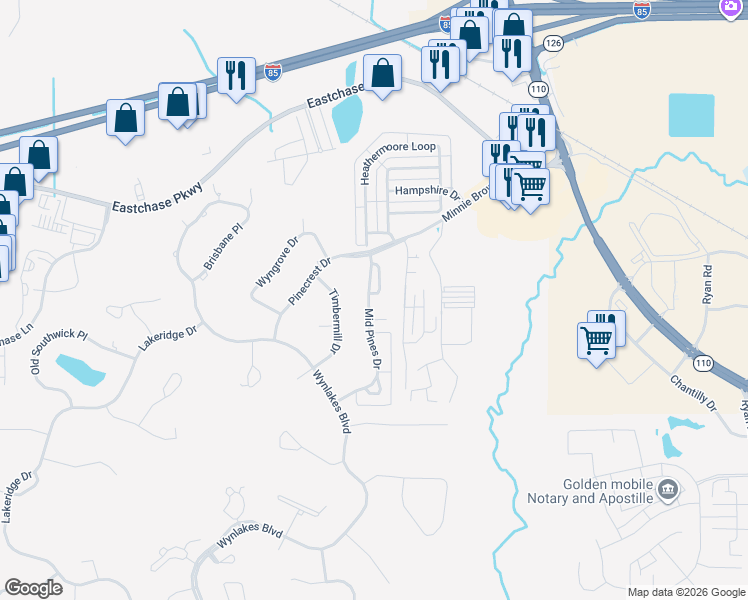 map of restaurants, bars, coffee shops, grocery stores, and more near 7042 Mid Pines Drive in Montgomery