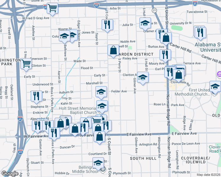 map of restaurants, bars, coffee shops, grocery stores, and more near 1607 South Court Street in Montgomery
