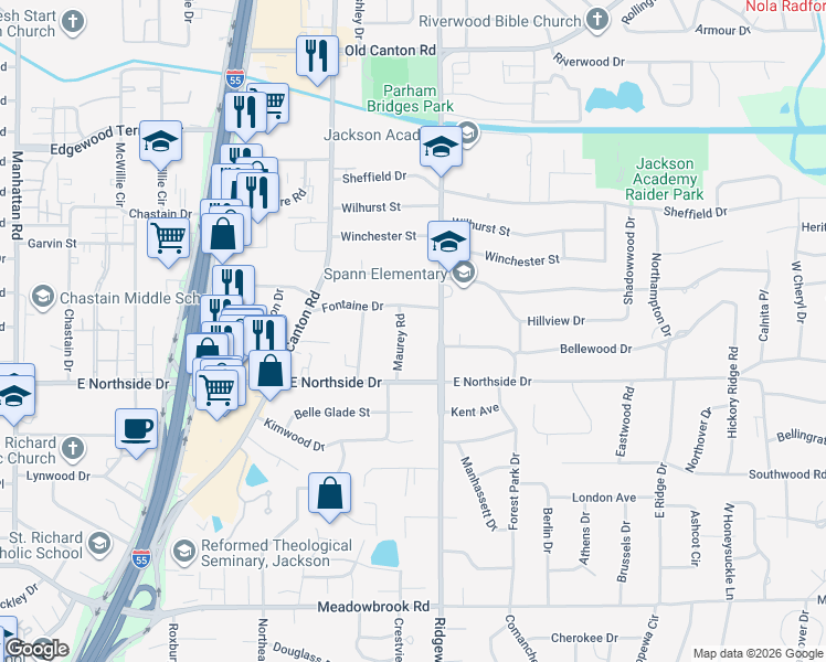 map of restaurants, bars, coffee shops, grocery stores, and more near 1535 Fontaine Drive in Jackson