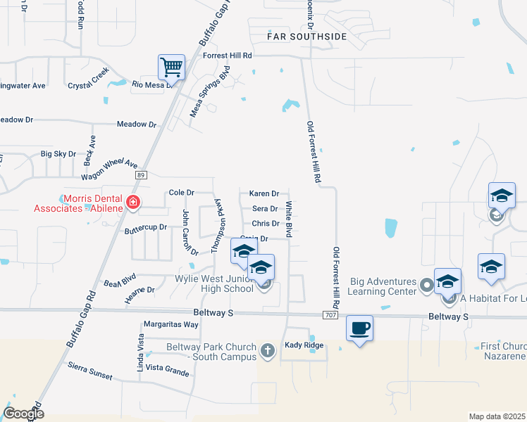 map of restaurants, bars, coffee shops, grocery stores, and more near 4001 Karen Drive in Abilene