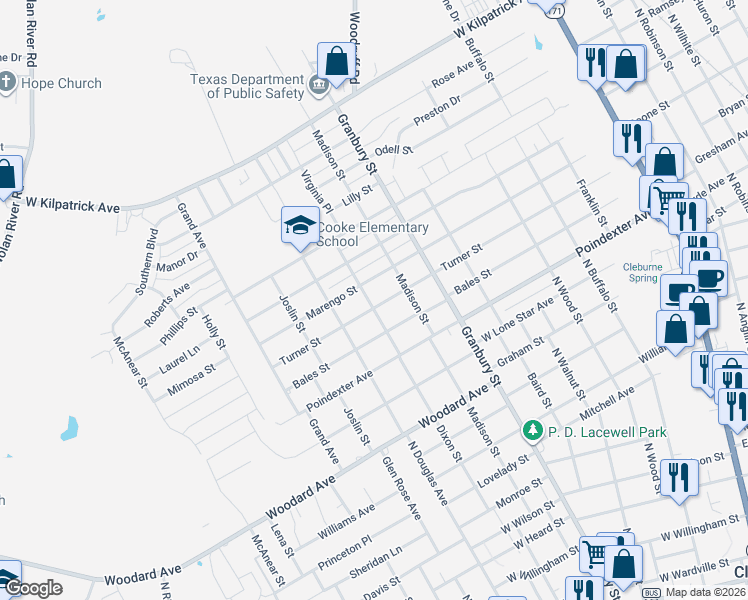 map of restaurants, bars, coffee shops, grocery stores, and more near 719 Marengo Street in Cleburne