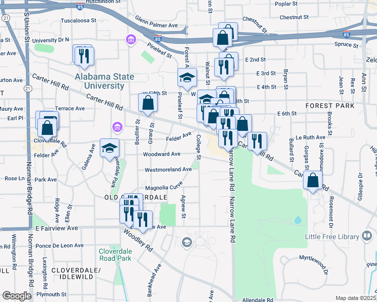 map of restaurants, bars, coffee shops, grocery stores, and more near 1375 Woodward Avenue in Montgomery