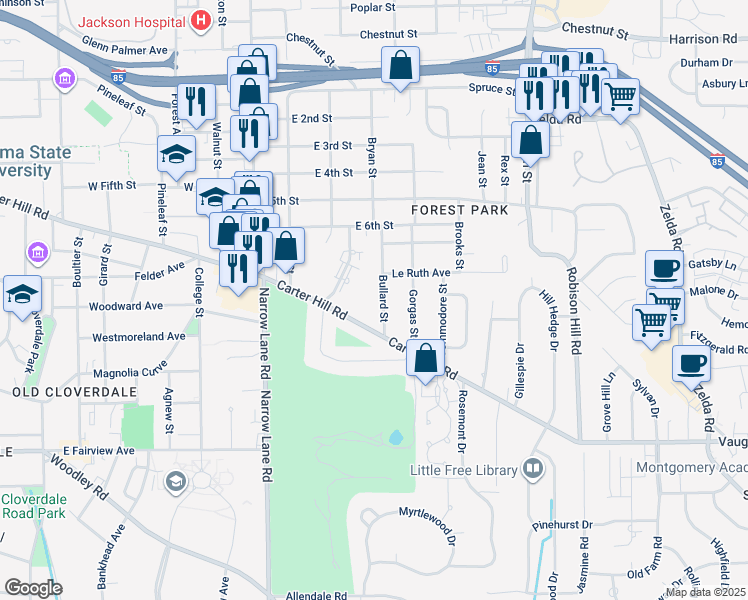 map of restaurants, bars, coffee shops, grocery stores, and more near 2008 Bullard Street in Montgomery