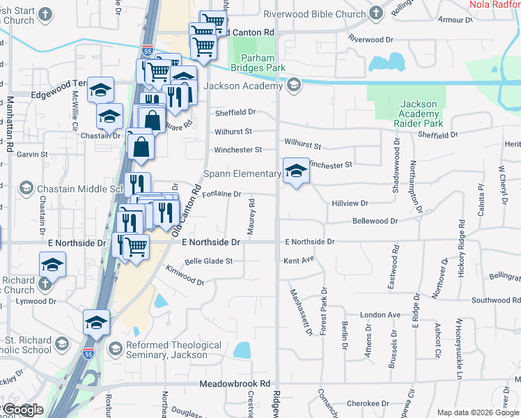 map of restaurants, bars, coffee shops, grocery stores, and more near 1535 Fontaine Drive in Jackson