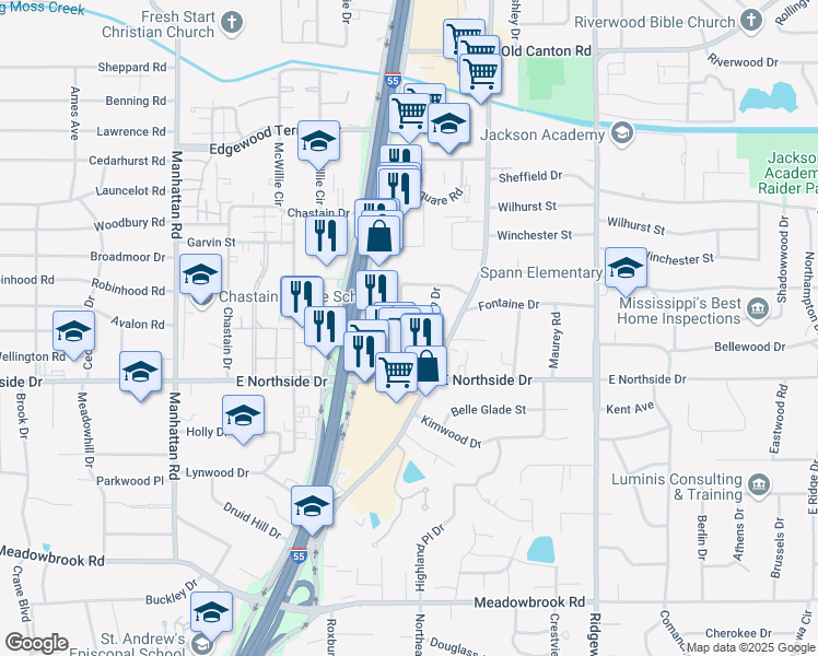 map of restaurants, bars, coffee shops, grocery stores, and more near 4635 Kelton Drive in Jackson