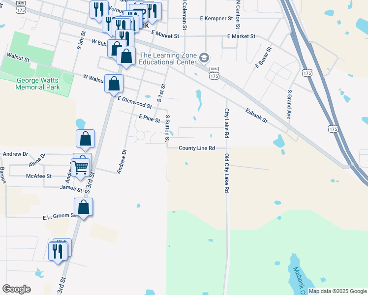 map of restaurants, bars, coffee shops, grocery stores, and more near 504 Bobbie Street in Mabank