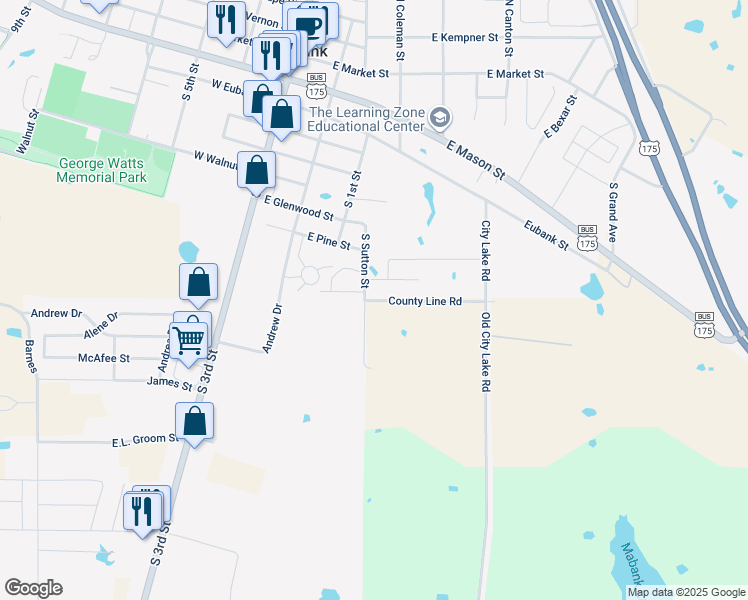 map of restaurants, bars, coffee shops, grocery stores, and more near 401 County Line Road in Mabank