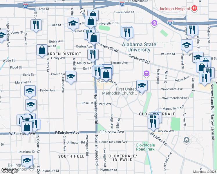 map of restaurants, bars, coffee shops, grocery stores, and more near 529 Felder Avenue in Montgomery