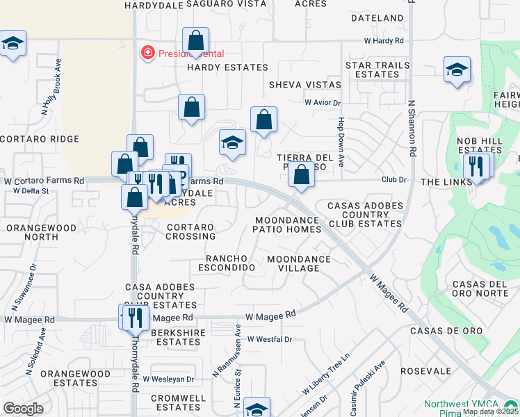 map of restaurants, bars, coffee shops, grocery stores, and more near 3399 West Broward Trail in Tucson