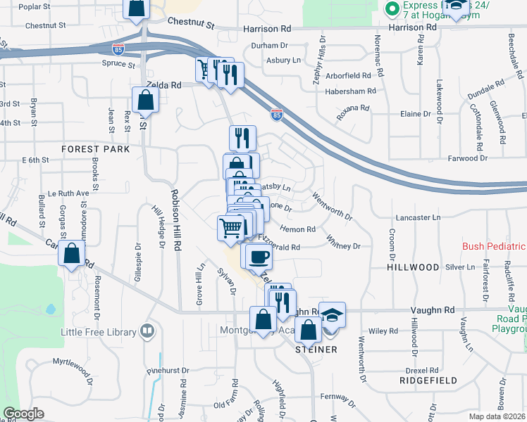 map of restaurants, bars, coffee shops, grocery stores, and more near 3115 Malone Drive in Montgomery