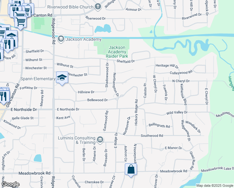 map of restaurants, bars, coffee shops, grocery stores, and more near 4625 Northampton Drive in Jackson