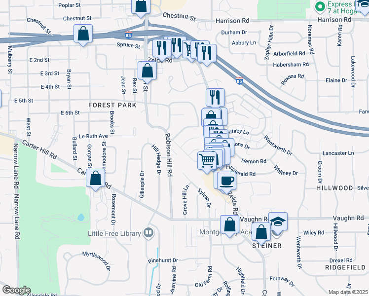 map of restaurants, bars, coffee shops, grocery stores, and more near 1827 Pinecrest Drive in Montgomery