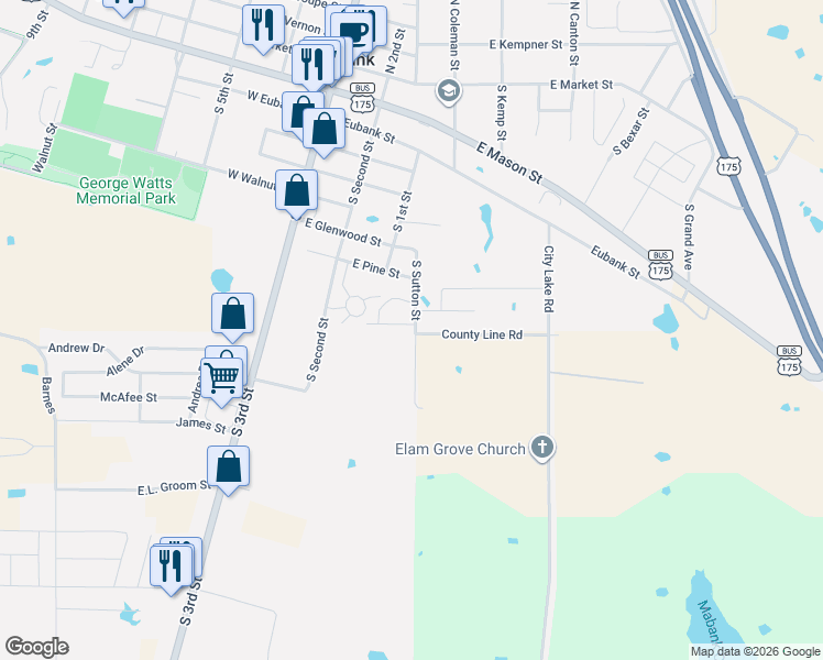 map of restaurants, bars, coffee shops, grocery stores, and more near 401 County Line Road in Mabank